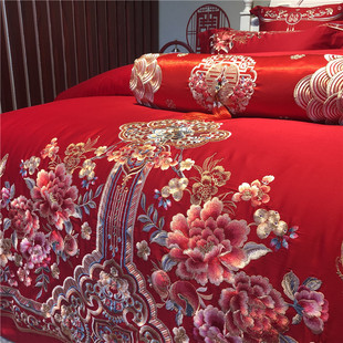 高端刺绣四件套婚庆大红结婚床上用品新婚床单被套4六件双人中式