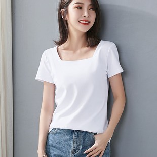 白色方领修身短款上衣女露锁骨设计感夏季胖mm大码显瘦短袖t恤