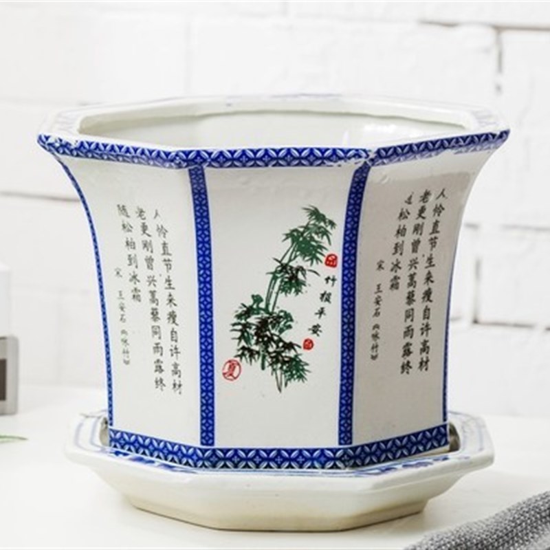 景德镇青花瓷特大号陶瓷花盆多肉植物落地高筒大号复古大口径户外图片