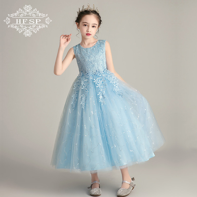 2020年新款女童礼服连衣裙白色蕾丝公主婚纱裙长款网纱蓬蓬长裙夏