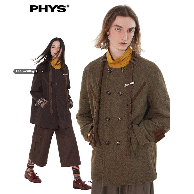 物理少年闲居散人复古优雅麻花绑带双排扣设计无领西装