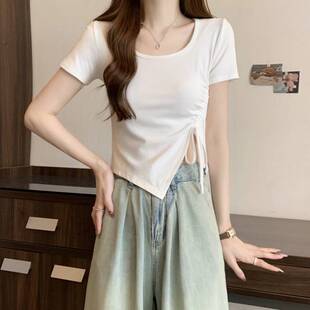 辣妹短款抽绳褶皱半袖T恤女夏天韩版百搭修身显瘦不规则短袖上衣