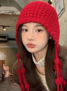 川西氛围感穿搭旅游帽子高级感出片毛线帽女红色新疆草原针织冷帽