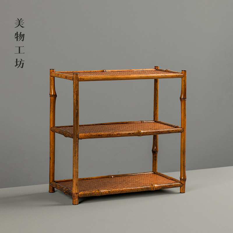 梅鹿席面小茶棚竹编收纳架小博古架茶杯茶壶茶具展示架茶具零配
