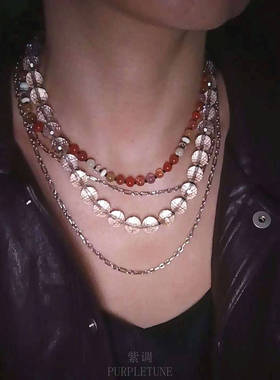 PURPLETUNE/紫调天然水晶多宝圆珠糖豆项链 叠搭 925银链