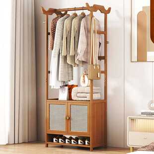 北欧家用卧室阳台鞋帽衣物收纳一体楠竹多功能落地式衣帽架带抽屉