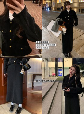 NAZ那子大码冬季新款黑金晚宴灯芯绒金扣加绒外套半裙胖mm套装女