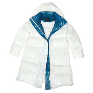 白色羽绒棉服女过膝中长款2023冬季新款撞色棉衣亮面宽松连帽外套