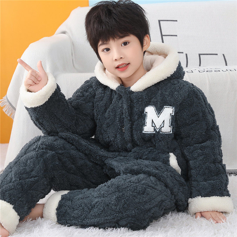 男童冬季三层夹棉加厚加绒女童睡衣加大码保暖超厚款法兰绒家居服