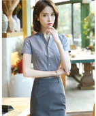 V立领灰色连体衬衫 女工作装 南航面试职业款 高端短袖 连裤 衬衣女