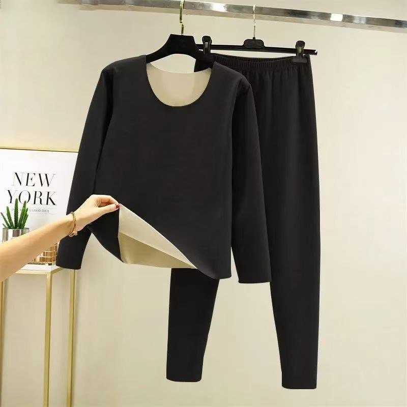 双面德绒打底衫男士保暖圆领加绒冬季内搭秋衣秋裤套装男无痕紧身