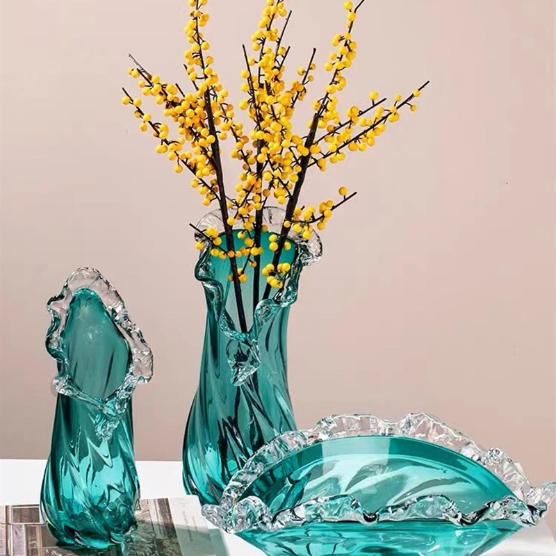 网红轻奢蓝色玻璃花瓶波浪花边水果盘居家客厅桌面样板间装饰摆件