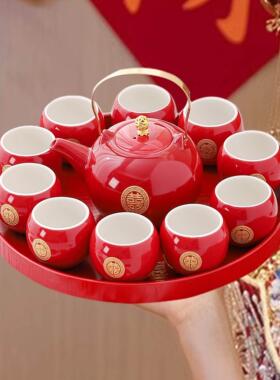 新人改口敬茶杯结婚茶具套组红色茶壶新娘陪嫁婚礼用品大全木托