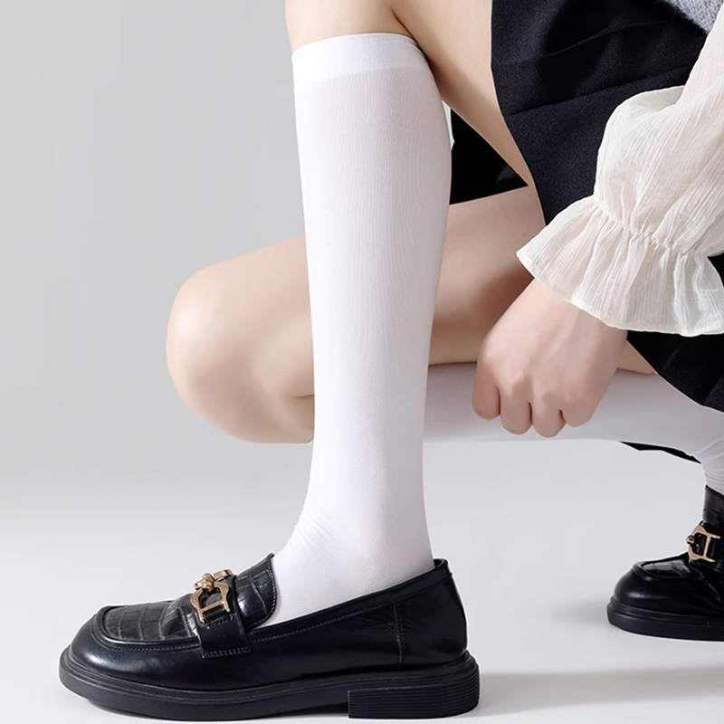 白色袜子女长筒春秋款中筒过膝长袜小皮鞋乐福鞋jk小腿袜压力瘦腿