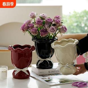 奶油风高级感轻奢陶瓷花瓶个性 法式 插花复古水培侘寂风客厅摆件大