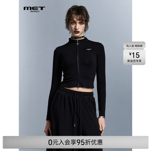 MET initaly早春酷飒风黑色拉链针织开衫女短款修身立领外套