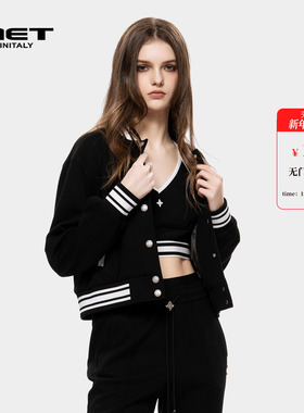 MET initaly学院风海军领条纹短外套女秋冬新款纽扣针织开衫