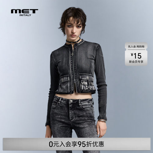 MET initaly早春机车风立领拉链牛仔短外套女修身做旧夹克上衣