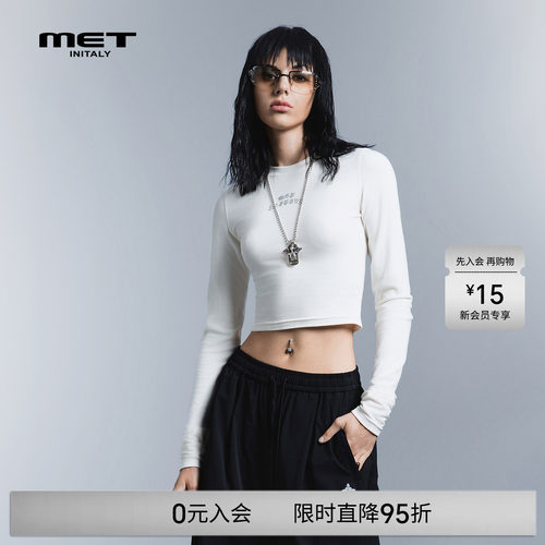MET initaly早春白色长袖短款T恤女修身基础款字母印花休闲上衣