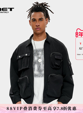 MET initaly麦特拼接美式复古工装夹克夏季新款黑色正肩外套