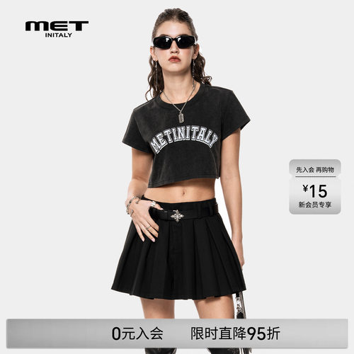MET initaly春夏美式辣妹风短袖T恤女黑色字母印花修身短款上衣