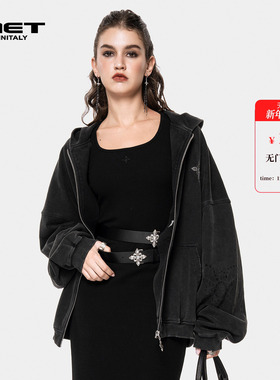 MET initaly美式复古连帽短外套女宽松廓形拉链开衫黑色高级感