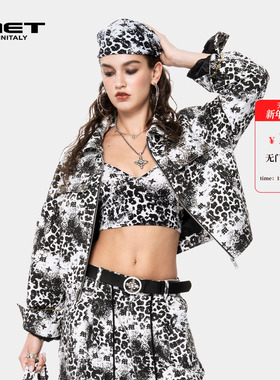 MET initaly麦特美式复古豹纹短外套女时尚拉链夹克轻奢潮牌外套