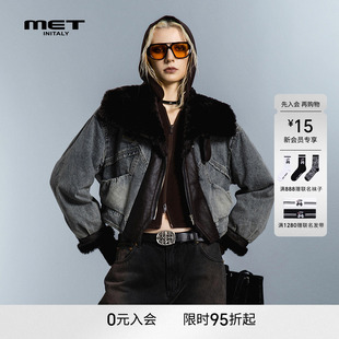 MET initaly皮毛一体大毛领拼接牛仔外套女短款加厚冬季保暖棉服