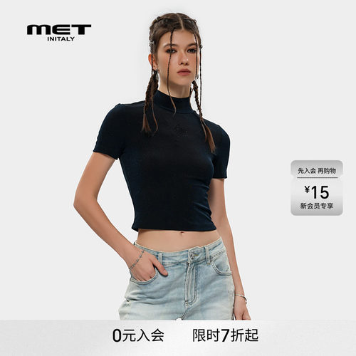 MET initaly复古潮牌黑色短袖T恤女夏季新款简约休闲上衣