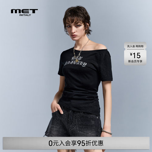 MET initaly夏季新款一字肩短袖T恤女烫钻字母印花露肩上衣辣妹风