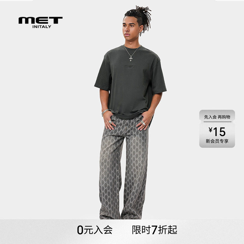 MET initaly复古印花做旧潮牌牛仔裤男夏季新款直筒裤子
