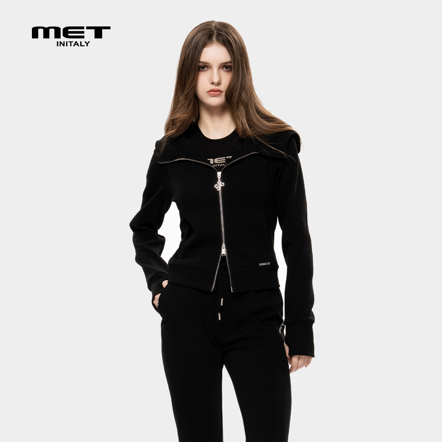 MET initaly美式复古拉链连帽卫衣女2025秋季新款百搭休闲上衣