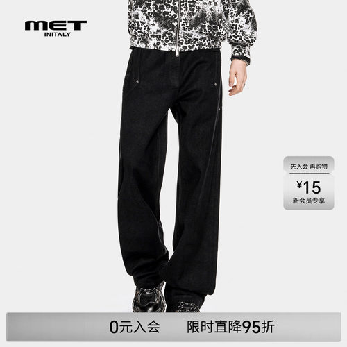 MET initaly美式复古工装风黑色阔腿牛仔裤男宽松直筒长裤百搭潮