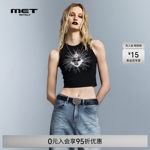 MET initaly早春美式辣妹风印花背心女短款无袖外穿修身酷帅上衣