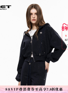 MET initaly麦特秋季新款美式潮牌拉链衫连帽卫衣女休闲短外套