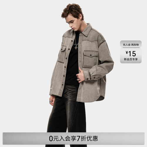 MET initaly美式复古做旧牛仔外套男冬季新款工装夹克翻领上衣