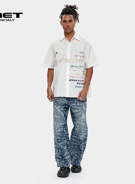 MET initaly麦特美式复古风字母印花做旧牛仔裤夏季新款裤子男
