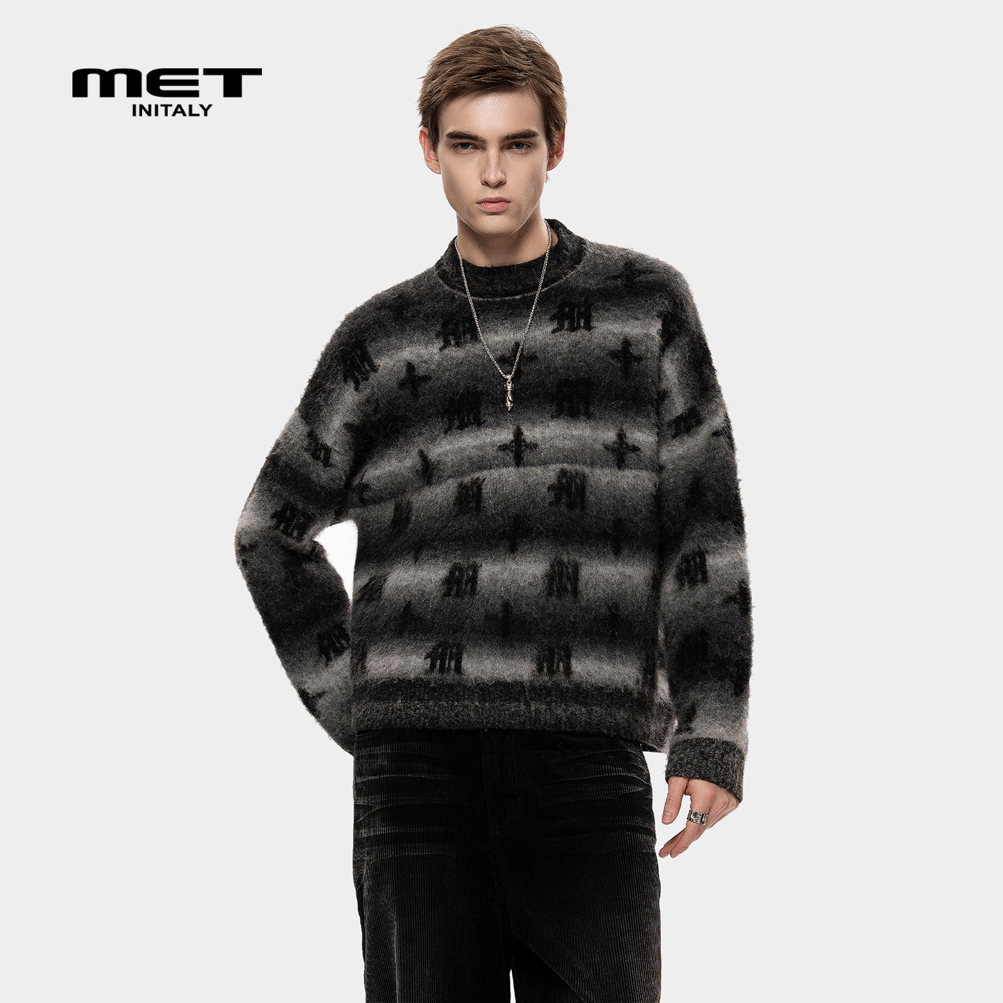 MET initaly复古条纹圆领毛衣男冬季新款套头针织衫潮流毛衣