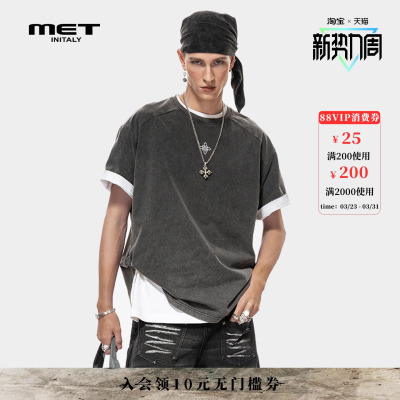 MET initaly极简风重磅短袖T恤男早春新款宽松圆领做旧百搭上衣