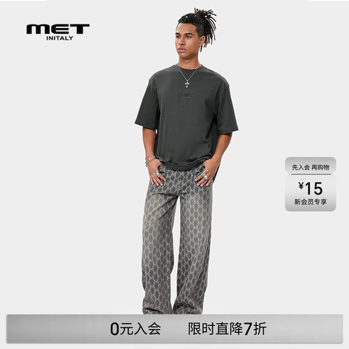 MET initaly复古印花做旧潮牌牛仔裤男夏季新款直筒裤子