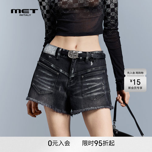 MET initaly春夏新款高腰牛仔短裤女百搭毛边裤型酷帅休闲裤