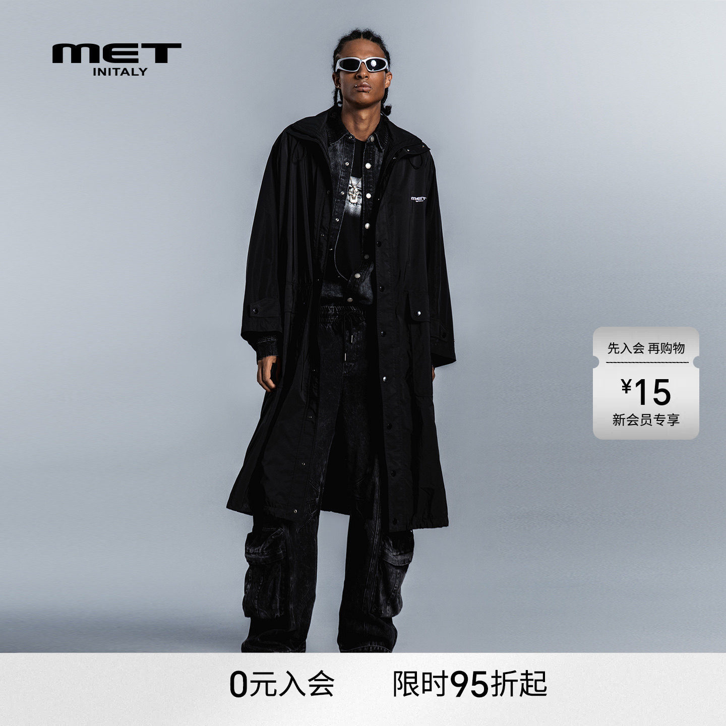 MET initalyMET黑色长款风衣男潮流都市穿搭双排扣外套