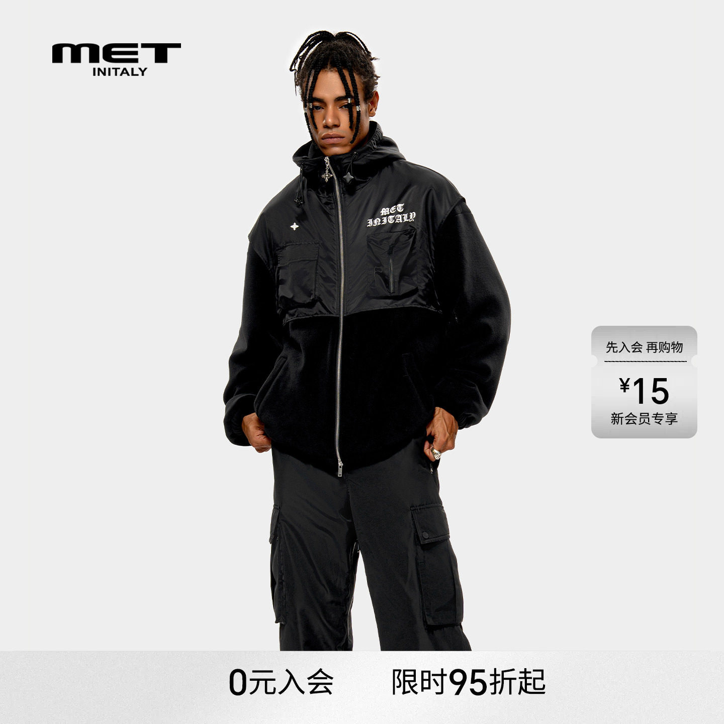 MET initaly黑色连帽拉链夹克男冬季新款宽松机能风潮流外套