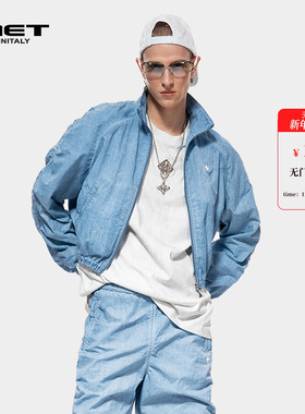 MET initaly麦特休闲运动风立领拉链短款夹克男女宽松天蓝色外套