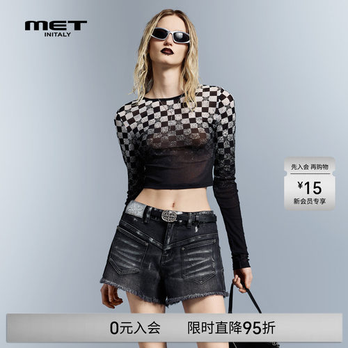 MET initaly早春设计感长袖T恤格纹透视网纱上衣女修身显瘦性感