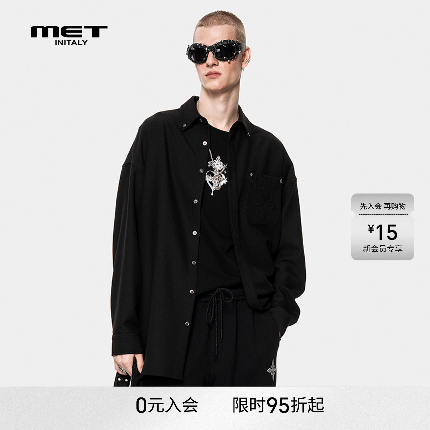 MET initaly休闲风黑色长袖衬衫男早春新款宽松潮流翻领衬衣