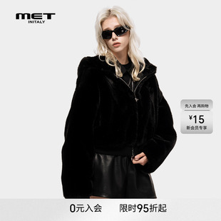 MET initaly麦特美式黑色毛呢连帽短外套女早春新款保暖毛绒上衣