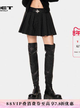 MET initaly麦特春季新款学院风黑色高腰百褶半身裙女显瘦短裙