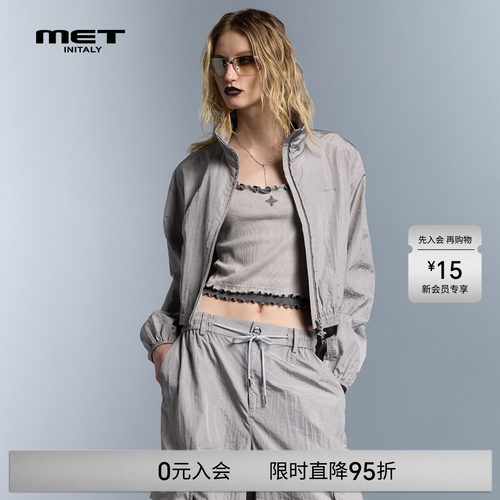 MET initaly早春休闲风立领拉链短外套女宽松抽绳夹克极简风
