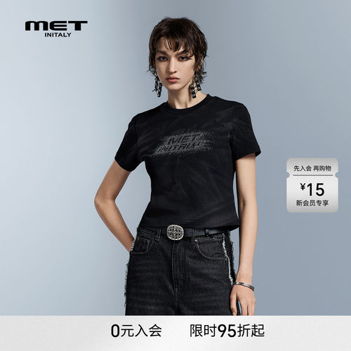 MET initaly夏季黑色印花短袖T恤女修身圆领酷帅风格上衣